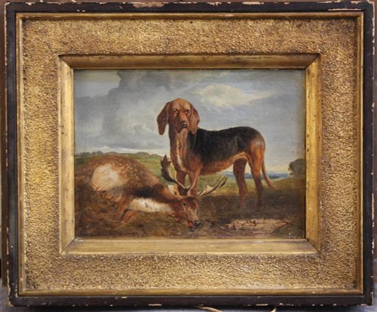 Circle of William Woodhouse (1857-1939) Hound beside a fallen stag, 6 x 8in.